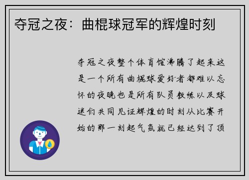 夺冠之夜：曲棍球冠军的辉煌时刻
